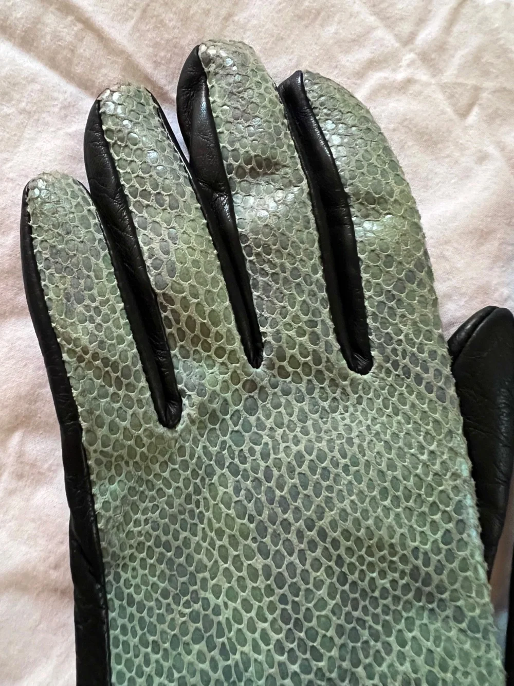Blue and Black Leather Gloves with Textured Snakeskin front
